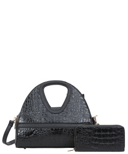 Fashion Faux Leather Croc Tote Bag + Wallet CY-8562W BLACK